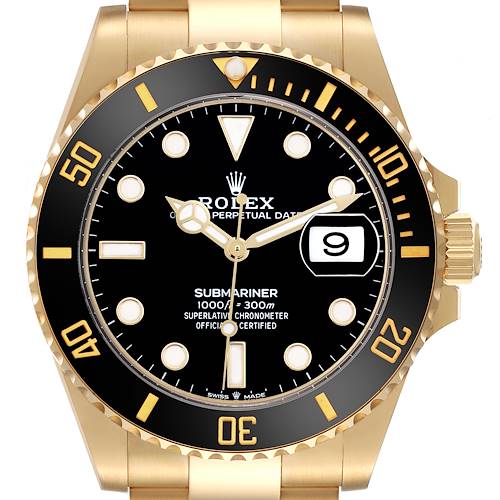 The Rolex Submariner 126618 Men's Yellow Gold Black Dial watch is shown from a front angle, displaying the dial, bezel, hands, and part of the bracelet.